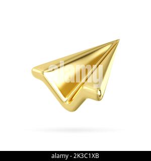 3D gold paper plane. Send email or message concept. Online social media. Realistic design illustration isolated on white background. 3d send icon .3D Stock Photo