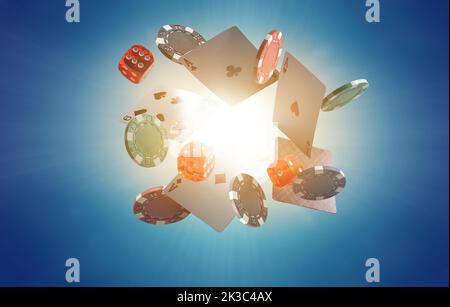 Casino chips with dice and playing cards. Concept of gambling or poker and entertainment. Online casino betting. Stock Photo