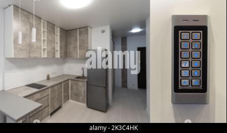 Close - up at Security intercom button in the apartment Stock Photo
