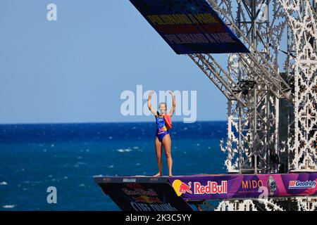 Polignano a Mare, Italy, September 18, 2022.  Red Bull Cliff Diving, jumping in before the fourth and final round at this year's competition. Stock Photo