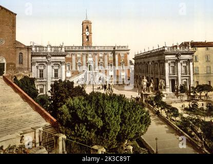 View of Rome Campidoglio  in a Photochrome print, Capitolium Hill, ca 1900 Stock Photo