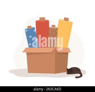 Fabric rolls in cardboard box. Sewing workshop or textile store concept. Seamstress accessories for handmade clothing. Vector illustration in flat Stock Vector