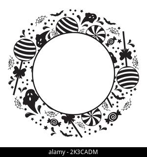 Round Halloween frame with ghosts, cobwebs and sweets, vector illustration. Stock Vector