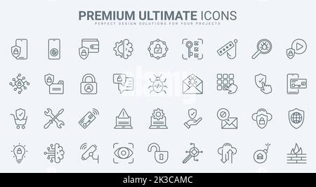 Cyber security for computer, laptop, phone thin line icons set vector illustration. Outline internet technology to secure information and access in network, protection from virus attack and malware Stock Vector