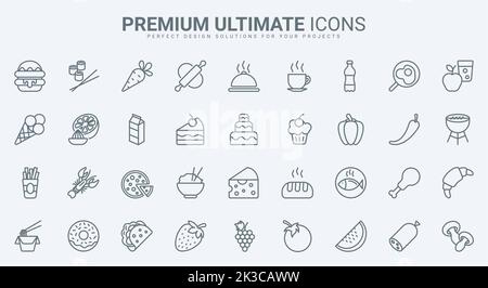 Food and drink thin line icons set vector illustration. Outline meal collection for restaurant and cafe menu, coffee with cake or donut, sushi and noodles, healthy vegetable or pizza and chicken Stock Vector