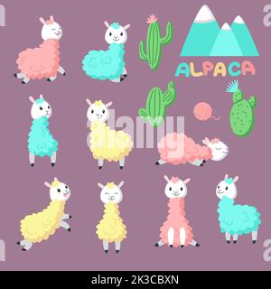 Cute cartoon alpaca icon set. Vector hand drawn illustration of funny pink, yellow, blue llamas and cactuses for greeting card, invitation, baby showe Stock Vector