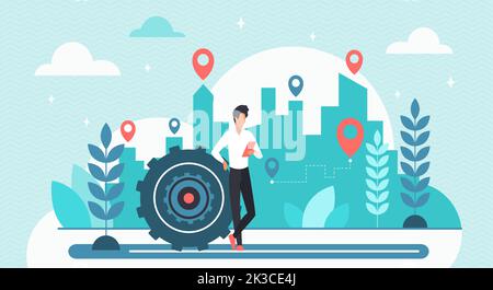 GPS navigation vector illustration. Tiny person holding mobile phone to search and find route on city map with pins on buildings, positioning with navigator app in smartphone and standing near gears Stock Vector