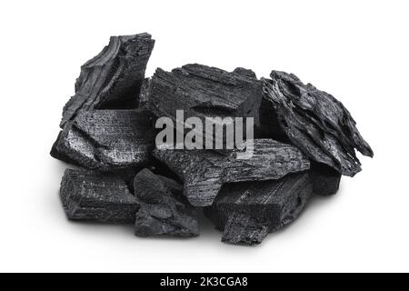 Natural wooden charcoal isolated on white background with full depth of field. Stock Photo