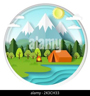 Summer camping background in circle with forest, mountains, lake, campfire and tent. Vector illustration in paper art style. Stock Vector