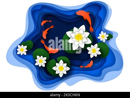 Water lily on lake with koi fish. Vector illustration in paper cut style. Stock Vector