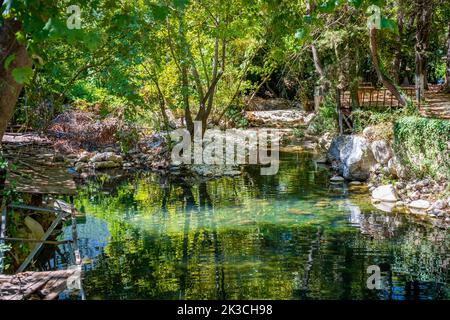 Ulupinar, Turkey - September 9, 2022: Dam and fish farm near Tropic restaurants on the river. Places on the river with tourists in forest, Turkey Stock Photo