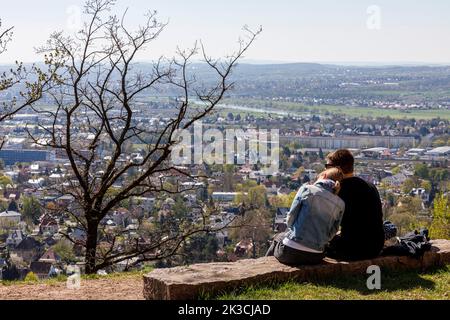At the Bismarck Tower in Radebeul with a view over the Elbe valley to the state capital of Dresden Stock Photo
