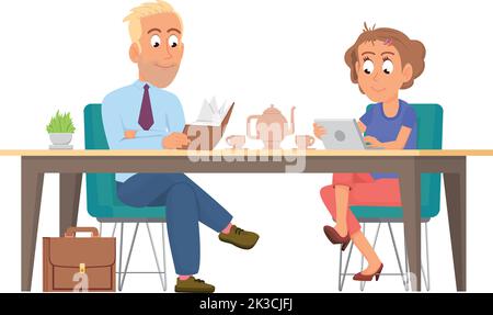 Woman with laptop and man with book drink coffee together. Happy couple Stock Vector