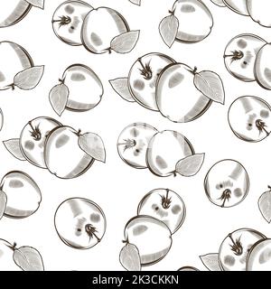 Black and white seamless pattern with apples and leaves in vintage style Stock Vector