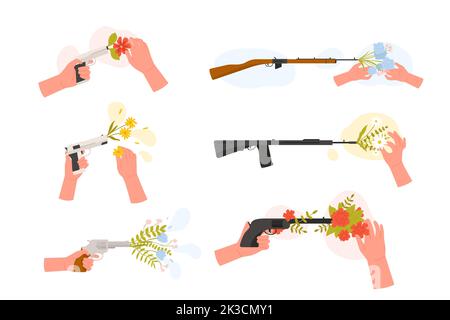 Hand inserting wild flowers into muzzle of gun set vector illustration. Cartoon isolated weapon shooting flowers instead of bullets, hippie symbol of love and peace, protest against war concept Stock Vector