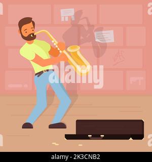 Vector illustration of man saxophonist playing saxophone in street. Street musician flat style design element. Stock Vector