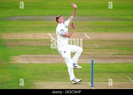 Durham's Oliver Gibson bowls during day one of the LV= Insurance County Championship division two match at Trent Bridge, Nottingham. Picture date: Monday September 26, 2022. Stock Photo