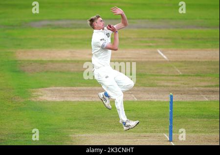 Durham's Oliver Gibson bowls during day one of the LV= Insurance County Championship division two match at Trent Bridge, Nottingham. Picture date: Monday September 26, 2022. Stock Photo