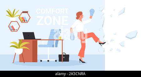 Leaving comfort zone vector illustration. Cartoon businesswoman in boxing gloves breaking office wall to change life and overcome fear, outside step of female employee to freedom and success Stock Vector