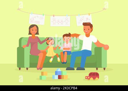 Vector illustration of happy family mom, dad and two kids playing leisure games together while sitting on sofa in living room. Flat style design. Stock Vector