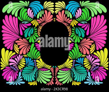 Motley symmetrical hippie trippy psychedelic abstract frame with many ornaments and place for text. Bright neon multicolor color background for design Stock Vector