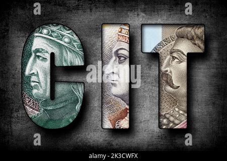 Inscription CIT (Corporate income tax) text made of Polish Banknotes Stock Photo