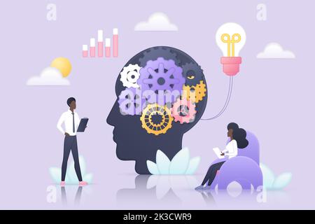 Effective idea development, mind growth and learning experience vector illustration. Tiny people engineering cog machine in human head with gears in brain, self education and research process Stock Vector