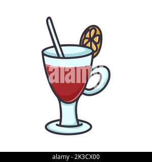 Drink in glass glass garnished with slice of lemon cartoon clipart. Cocktail isolated vector illustration. Traditional winter mulled wine with spices Stock Vector