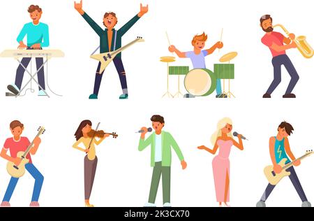 Musician and singer icon set. Vector flat style design illustration of musicians males and females playing guitar, drum, piano, saxophone, violin and Stock Vector
