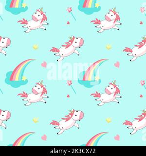 Magic unicorn seamless pattern. Vector hand drawn romantic unicorns and rainbows, clouds, hearts, magic wands, crowns. Stock Vector
