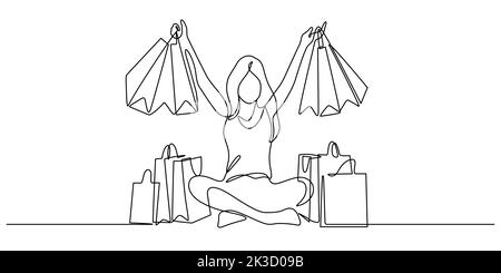 woman celebrating with shopping bags sitting on the floor in continuous line drawing vector illustration Stock Vector