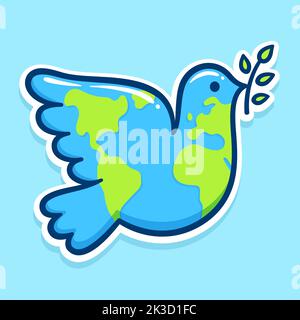 Dove of peace with planet Earth design and olive branch. Cute cartoon vector illustration. Stock Vector