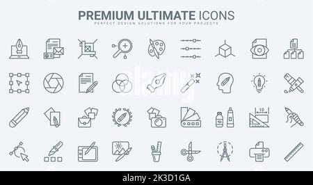 Graphic design thin line icons set vector illustration. Outline tools for creative projects of designer, software and stationery for interface panel in mobile app, pack for creators portfolio Stock Vector