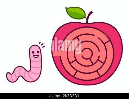 Worm and apple maze puzzle for kids, simple children's game. Circular labyrinth design in cute cartoon style. Vector illustration. Stock Vector