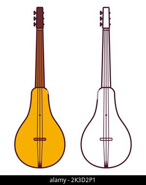 Komuz, traditional Kyrgyz string musical instrument. Color and black and white drawing. Vector clip art illustration. Stock Vector