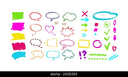 Colorful marker shapes, pointers, lines, and speech bubbles. Big set of hand drawn highlighter design elements Stock Vector
