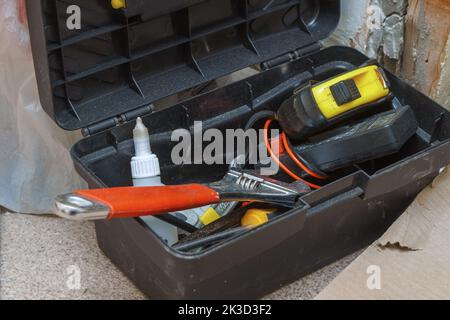 Various hand tools in the tool box Stock Photo
