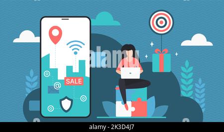 Ecommerce, online shop sales and delivery vector illustration. Tiny customer sitting with laptop to buy in retail store, using mobile phone for gift and purchase orders tracking and location pin Stock Vector