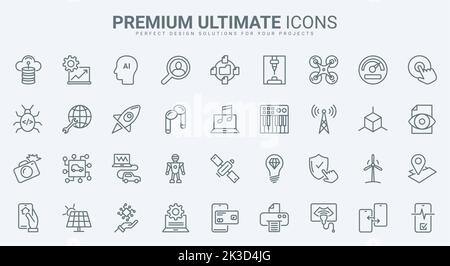 Digital technology thin line icons set vector illustration. Outline AI machine learning, smart home and data communication, internet network symbols, robot support service and eco tech startup Stock Vector