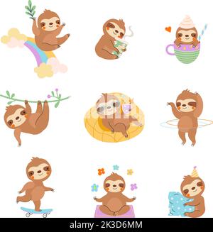 Cute cartoon baby sloths. Wild sloth with coffee, swim, drink cocktail or sleep. Fun animal relax, ride on rainbow. Wild lazy nowaday childish vector Stock Vector