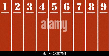 Cartoon running track with lane numbers or track numbers. Place where people exercise or sport place. lanes of running track. Start, finish point, spo Stock Photo
