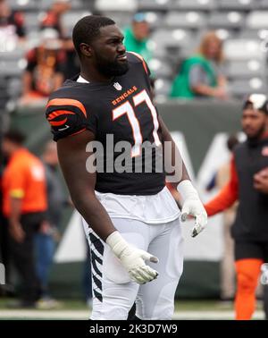 Cincinnati Bengals linebacker Logan Wilson (55) and Cincinnati Bengals  guard Hakeem Adeniji (77) leave the field after an NFL divisional round  playoff football game against the Tennessee Titans, Saturday, Jan. 22, 2022