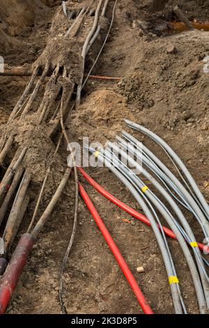 Groundwork with cables for electricity in the Netherlands Stock Photo