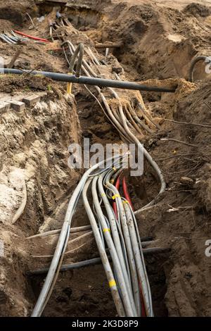 Groundwork with cables for electricity in the Netherlands Stock Photo