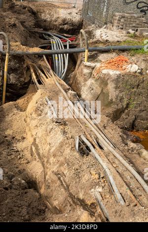 Groundwork with cables for electricity in the Netherlands Stock Photo