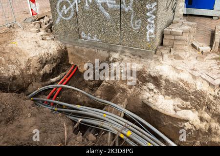 Groundwork with cables for electricity in the Netherlands Stock Photo
