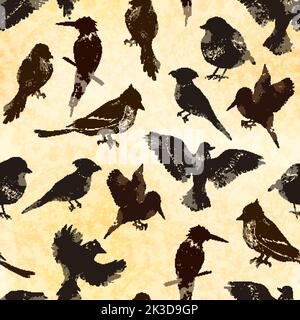 Lot of birds of different species in linocut retro style, vintage seamless pattern on old paper Stock Vector