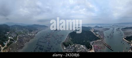 NINGDE, CHINA - SEPTEMBER 23, 2022 - An aerial photo shows an offshore farming mariculture in Ningde City, Fujian Province, China, Sept 23, 2022. Stock Photo