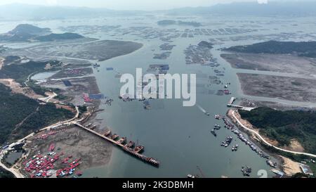 NINGDE, CHINA - SEPTEMBER 23, 2022 - An aerial photo shows an offshore farming mariculture in Ningde City, Fujian Province, China, Sept 23, 2022. Stock Photo