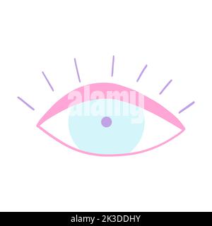 Mystical eye icon in cartoon retro style. Vector illustration of pop sticker, evil eye symbol, talisman in girly pink and blue colors. Stock Vector